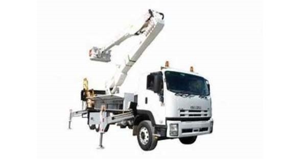 Photograph of a truck with a line worker's 'cherry picker' on the back.