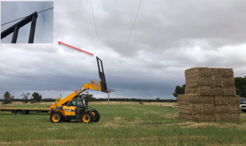 JCB tractor (telehandler) photo, with inset showing how overhead powerlines were touched