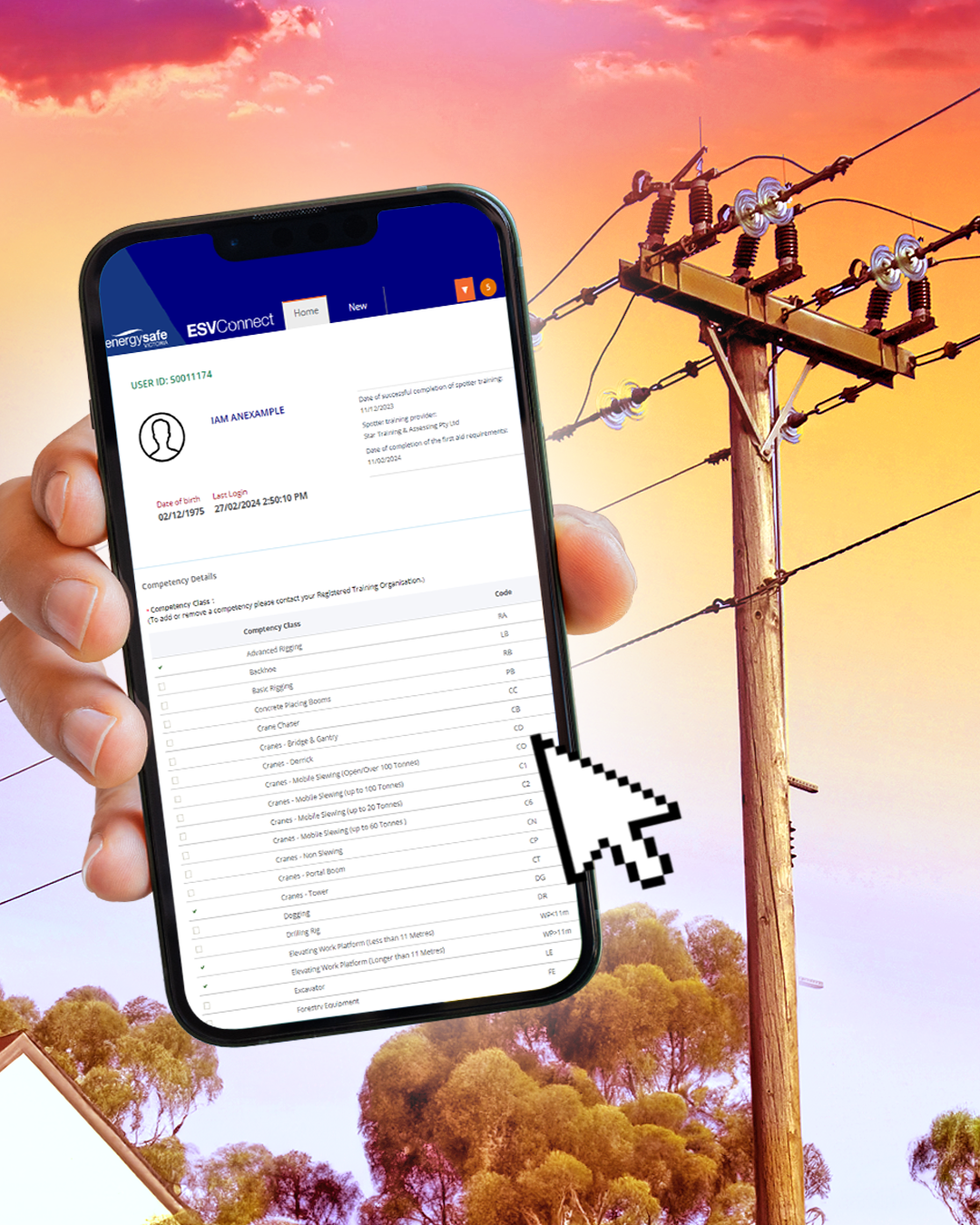 A disembodied hand holding a mobile phone with the new portal screen displayed. In the background, an electric power line towers over treetops and a home against a red-yellow sunset.