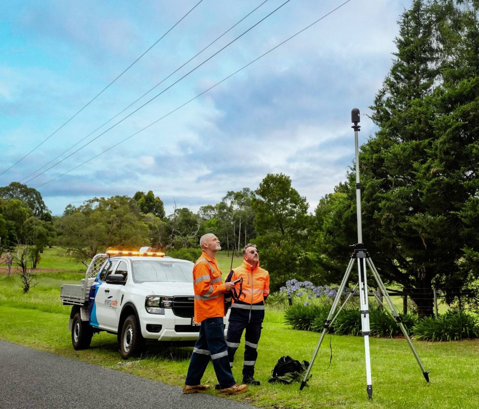 Two line clearance professionals inspect power lines in a rural setting.